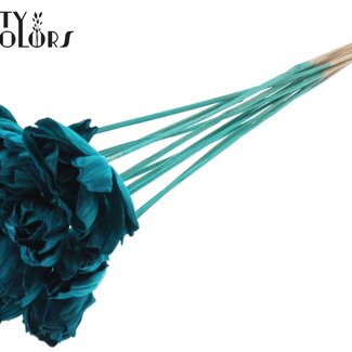 QC Shola Wooden Rose on Stick | Colour: Turquoise | Shola Dear Holly Stick | Rose Diameter 6 centimetres | Stick Length ± 50 centimetres | 10 sticks per bunch