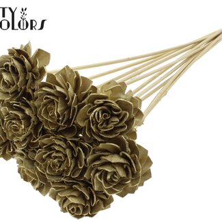 QC Shola Houten Dahlia op stok | Kleur: Goudkleurig | Shola Dahlia Bijsteker | Diameter bloem 6 centimeter | Lengte bijsteker ± 50 centimeter | 10 bijstekers per bos