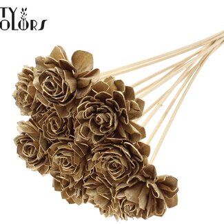 QC Shola Houten Dahlia sur tige | Couleur : Doré antique | Shola Dahlia Pique-fleur | Diamètre de la fleur 6 centimètres | Longueur de la pique-fleur ± 50 centimètres | 10 piques-fleurs par bouquet