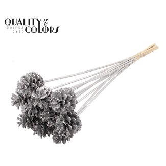 QC Dennenappel op stok | Kleur: Zilverkleurig met Glitter | Diameter 5 - 7 centimeter | Lengte ± 50 centimeter | 10 bijstekers per bos