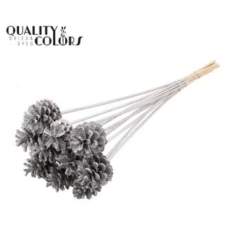 QC Tannenzapfen auf Stiel | Farbe: Silberfarben mit Glitzer | Durchmesser 5 - 7 Zentimeter | Länge ± 50 Zentimeter | 10 Einstecker pro Bund