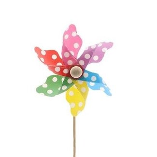 4A Windmühle am Stab | Farbe: Gemischte Farben | Windmühlen-Stecker | Durchmesser 9 centimeter | Länge ± 50 centimeter | Pro 25 Stecker