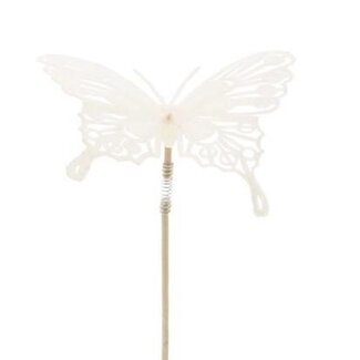 4A Papillon flocké sur tige | Couleur: Blanc Naturel | Piquet papillon | Diamètre 8 centimeter | Longueur ± 50 centimeter | Par 25 piquets