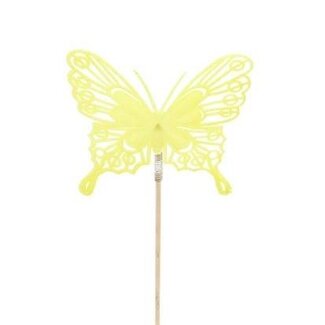 4A Flocked Butterfly on stick | Colour: Yellow | Butterfly pick | Diameter 8 centimetre | Length ± 50 centimetre | Per 25 picks