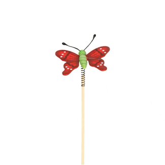 4A Schmetterling auf Spirale auf Stab | Farbe: Rot | Schmetterling Anstecker | Durchmesser 6 centimeter | Länge ± 50 centimeter | Pro 25 Anstecker