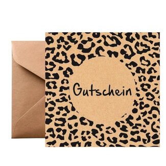 4A Kadobon met Panterprint | Kleur: Lichtbruin | Breedte 13 centimeter | Hoogte 13 centimeter | Per 25 kadobonnen