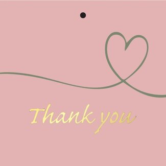 4A Kaartje Label met Engelse tekst “Thank you” | Kleur: Roze | Breedte 7 centimeter | Hoogte 7 centimeter | Per 20 labels