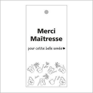 4A Kaartje Label met Franse tekst “Merci Maîtresse” | Kleur: Zwart Wit | Breedte 5 centimeter | Hoogte 10 centimeter | Per 20 labels