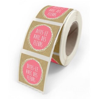 4A Sticker Label met tekst “Fleurs” | Kleur: Roze | Breedte 40 millimeter | Hoogte 35 millimeter | Per 500 stickers