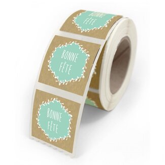 4A Sticker Label met tekst “Bonne Fête” | Kleur: Mintgroen | Breedte 40 millimeter | Hoogte 35 millimeter | Per 500 stickers