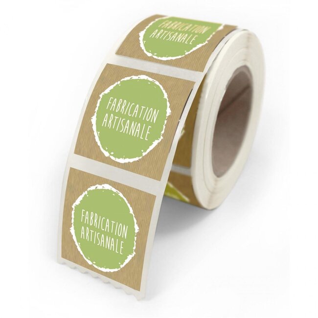 Sticker-Etikett met Text “Handwerklich” | Farbe: Braun Grün | Breite 40 millimeter | Höhe 35 millimeter | Pro 500 Aufkleber