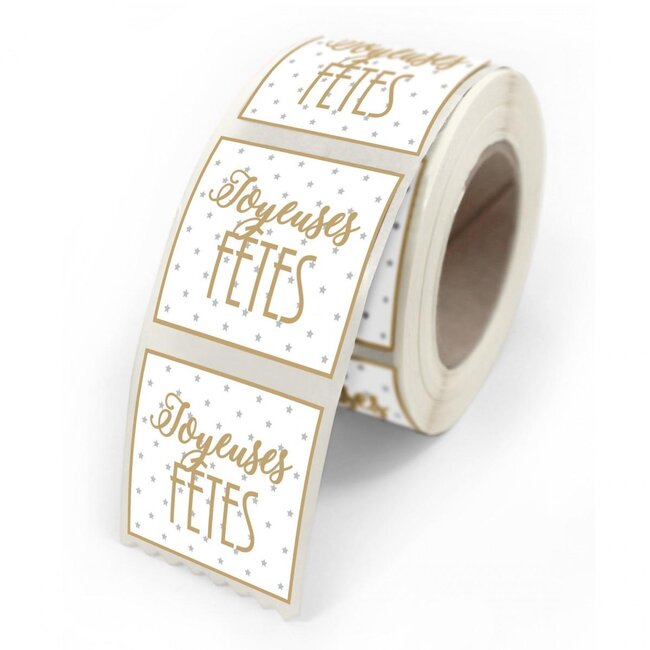 Sticker Label met tekst “Joyeuses Fêtes” | Kleur: Goudkleurig | Breedte 40 millimeter | Hoogte 35 millimeter | Per 500 stickers