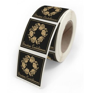 4A Sticker Label met tekst “Condoleances” | Kleur: Zwart | Breedte 40 millimeter | Hoogte 35 millimeter | Per 500 stickers