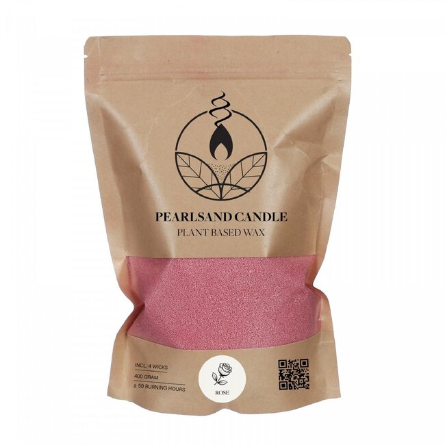 Pearlsand Kaarsvet "Rose" + 4 lonten | Kleur: Lichtroze | Plantaardige Was | Inhoud 400 gram | Per zak