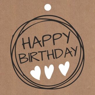 4A Label Kaartje met tekst “Happy Birthday” | Kleur: Lichtbruin | Breedte 7 centimeter | Hoogte 7 centimeter | Per 20 labels