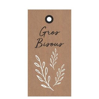 4A Kaartje Label met Franse tekst “Bisous” | Kleur: Lichtbruin | Breedte 5 centimeter | Hoogte 10 centimeter | Per 20 labels