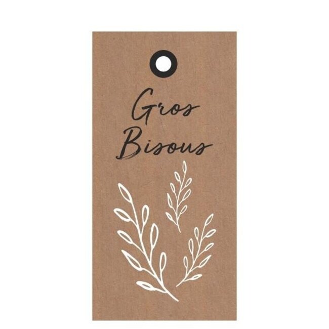 Kaartje Label met Franse tekst “Bisous” | Kleur: Lichtbruin | Breedte 5 centimeter | Hoogte 10 centimeter | Per 20 labels
