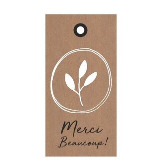 4A Kaartje Label met Franse tekst “Merci” | Kleur: Lichtbruin | Breedte 5 centimeter | Hoogte 10 centimeter | Per 20 labels