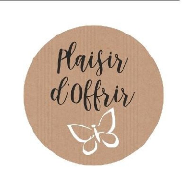 Sticker Label met tekst “Plaisir D’Offrir” | Kleur: Lichtbruin | Diameter 39 millimeter | Per 500 stickers