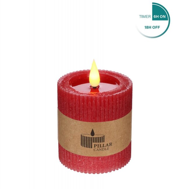 Stompkaars Geribbeld LED | Kleur: Rood | Diameter 7 centimeter | Hoogte 7.5 centimeter | Exclusief AAA batterijen | Per 6 kaarsen