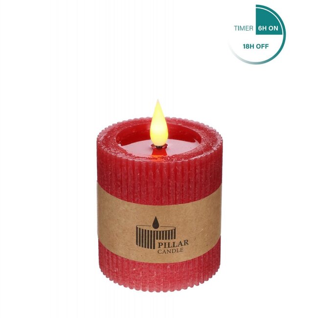 Stompkaars Geribbeld LED | Kleur: Rood | Diameter 7 centimeter | Hoogte 7.5 centimeter | Exclusief AAA batterijen | Per 6 kaarsen