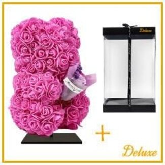 4A Bär aus Schaumrosen mit Blumenstrauß | Farbe: Fuchsia | Höhe 25 centimeter | inclusief Ständer | Pro Bär