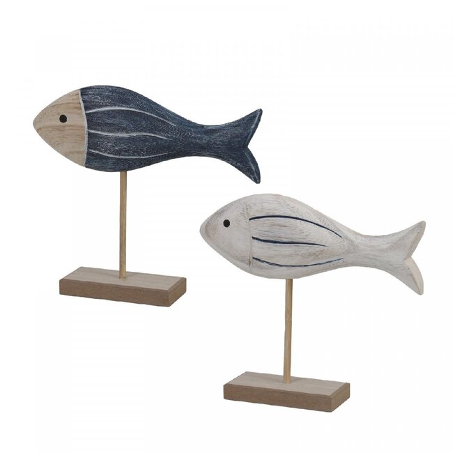 Vis Decoratie Assortiment op voet “Maritiem” | Kleur: Blauw Wit | Diameter 22 centimeter | Hoogte 15 centimeter | Per 2 vissen