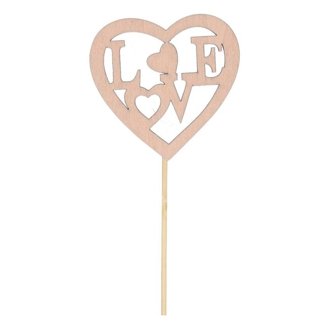Houten Hart Bijsteker “Love” | Kleur: Roze | Lengte bijsteker ± 50 centimeter | Diameter hart 8 centimeter | Per 25 bijstekers