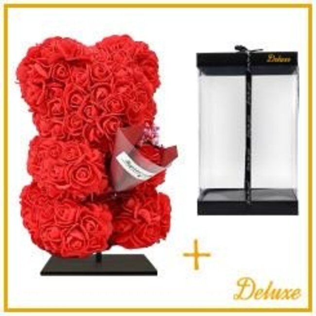 Bär aus Schaumrosen mit Bouquet | Farbe: Rot | Höhe 25 centimeter | inclusief Ständer | Pro Bär