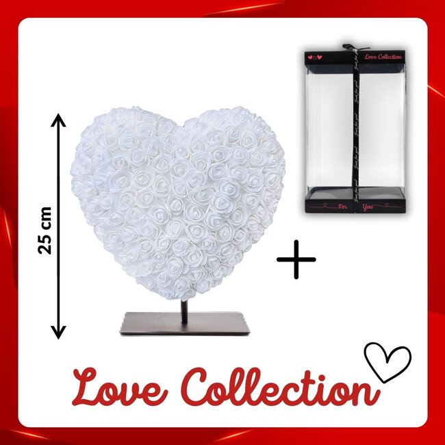 Cœur de roses en mousse | Couleur: Blanc naturel | Hauteur 25 centimeter | inclus support | Par cœur
