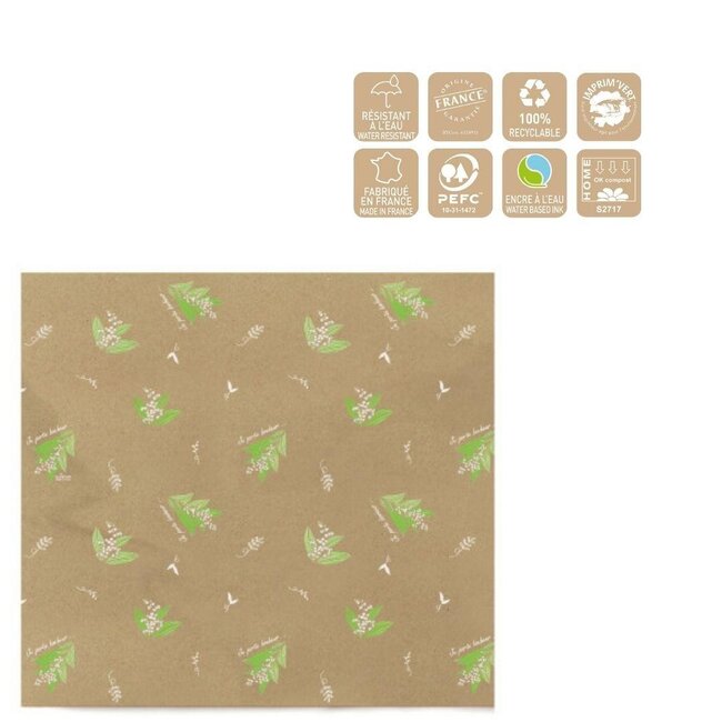 Muguet Papier Vel “Happy” | Kleur: Bruin en Groen | Lengte 25 centimeter | Breedte 30 centimeter | Per 250 vellen