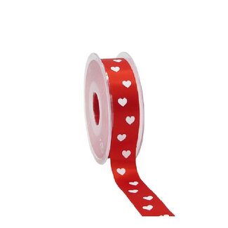 4A Satin Band mit Herzchen | Farbe: Rot | Breite 23 Millimeter | Länge 25 Meter | Pro Rolle