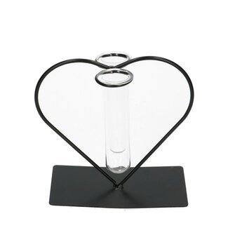 4A Cadre cœur avec 2 vases tubulaires en verre | Couleur: Noir | Longueur 15 centimeter | Diamètre du vase tubulaire 3.5 centimeter | Par 6 cœurs