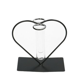4A Hart Frame met 2 glazen Buis Vaasjes | Kleur: Zwart | Lengte 15 centimeter | Diameter buisvaasje 3.5 centimeter | Per 6 harten