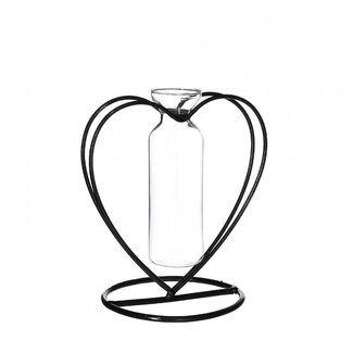 4A Hart Frame met glazen Buis Vaasje | Kleur: Zwart | Lengte 10 centimeter | Breedte 10.5 centimeter | Diameter buisvaasje 2 centimeter | Per 6 harten