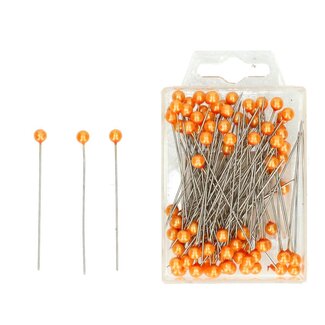 4A Spelden met Parel Knop | Kleur: Oranje | Diameter 6 millimeter | Lengte 65 millimeter | Inhoud 100 spelden | Per doosje