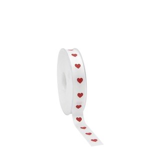 4A Satijn Lint met Hartjes | Kleur: Natuurlijk Wit | Breedte 15 millimeter | Lengte 25 meter | Per rol