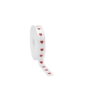 4A Satijn Lint met Hartjes | Kleur: Natuurlijk Wit | Breedte 15 millimeter | Lengte 25 meter | Per rol