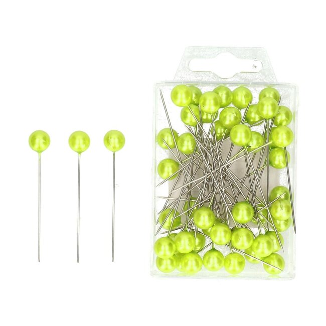 Spelden met Parel Knop | Kleur: Appeltjesgroen | Diameter 10 millimeter | Lengte 60 millimeter | Inhoud 50 spelden | Per doosje