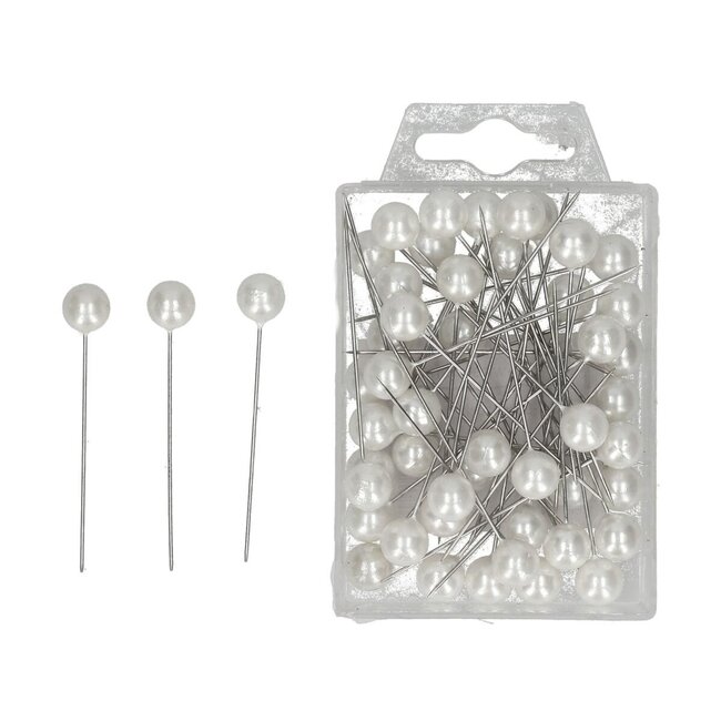 Spelden met Parel Knop | Kleur: Naturelle Wit | Diameter 10 millimeter | Lengte 60 millimeter | Inhoud 50 spelden | Per doosje