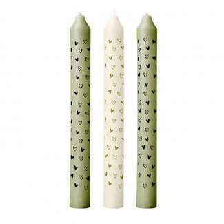 4A Bougie avec cœurs | Couleur: Vert | Diamètre 2.2 centimètre | Hauteur 20 centimètre | Par 3 bougies