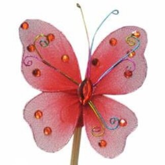 4A Vlinder Orient op stok | Kleur: Rood | Vlinder Bijsteker | Diameter 7 centimeter | Lengte ± 50 centimeter | Per 25 bijstekers