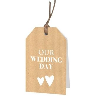 4A Label card with English text "Our weddingday” | Colour: Light brown | Width 5 centimeter | Height 8 centimeter | Per 20 labels