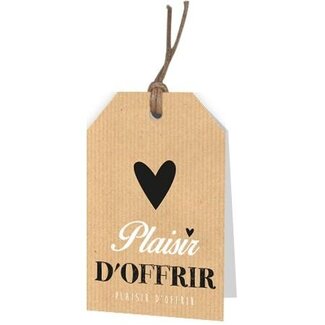 4A Label met tekst “Plaisir d’Offrir” | Kleur: Lichtbruin | Breedte 5 centimeter | Lengte 8 centimeter | Per 12 labels