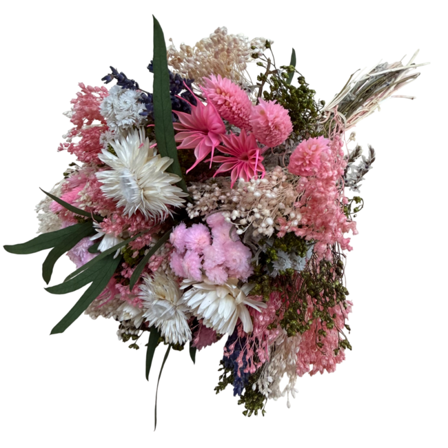 Trockenblumenstrauß Fantasy Rosa | Länge ± 35 Zentimeter | Mit rosa, weißen und grünen Trockenblumen
