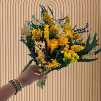 MyFlowers Trockenblumenstrauß Fantasy Giallo | Länge ± 35 Zentimeter | Mit gelben und grünen Trockenblumen