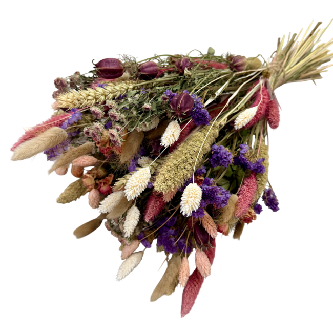 Bouquet de fleurs séchées Secret Pink | Longueur ± 60 centimètres | Avec des fleurs séchées naturelles, roses et violettes