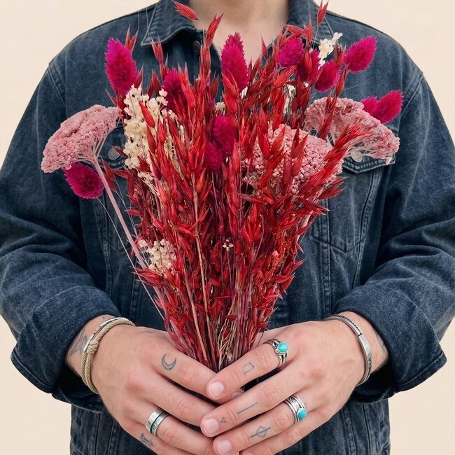 Boeket droogbloemen "Layla" | Lengte ± 50 centimeter | Met roze en rode droogbloemen