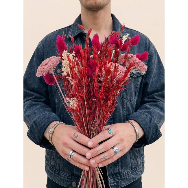 Bouquet de fleurs séchées "Layla" | Longueur ± 50 centimètres | Avec des fleurs séchées roses et rouges
