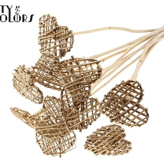 QC Rattan Lata Herz am Stab | Farbe: Antik goldfarben | Flacher Stecker | Länge ± 50 centimeter | 10 Stecker pro Bund | Pro Bund
